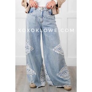 POL Vintage Washed Lace Patched Wide Leg Jeans